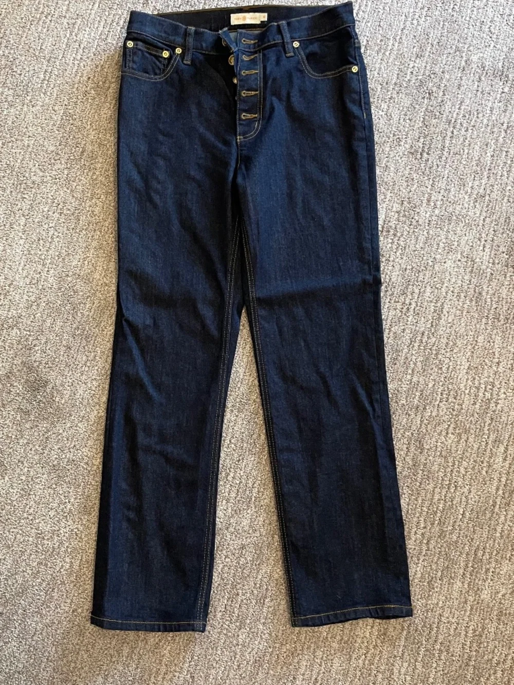 Tory Burch Button Fly Straight Leg Cropped Jeans Dark Resin Wash‎ Size 25